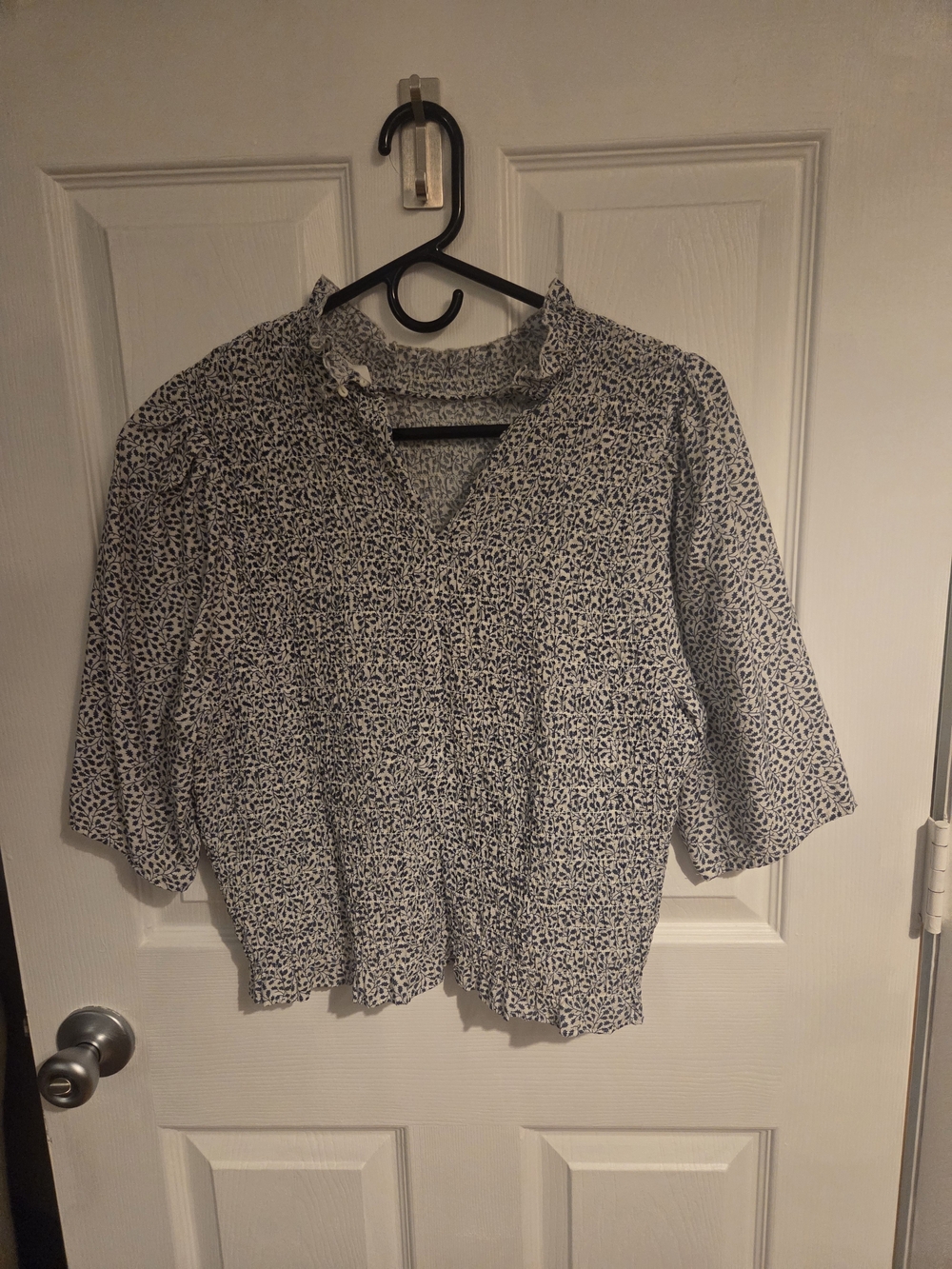 H&M White and Navy Printed Ruffle V-Neck Blouse